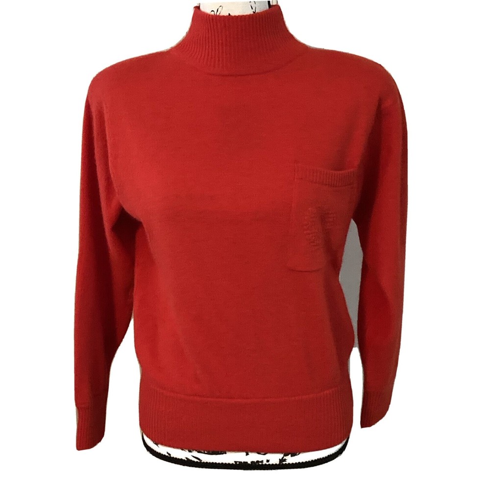 Liz Claiborne Collection Vtg 90s Lambswool Angora Sweater Red Logo Pocket Sm EUC